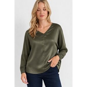 Melissa Nepton Cindy Satin V-Neck Pullover Olive M Viscose Blouse